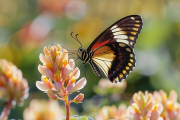 Vivid close-up capture of a colorful butterfly atop a vibrant blooming flower, highlighting the significance and allure of pollinators in the ecosystem.
