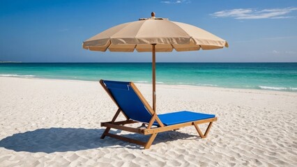 Beach chair under an umbrella on a sunny day, great for relaxation and enjoying the ocean breeze