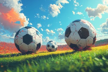 Soccer balls on field, sunset, stadium