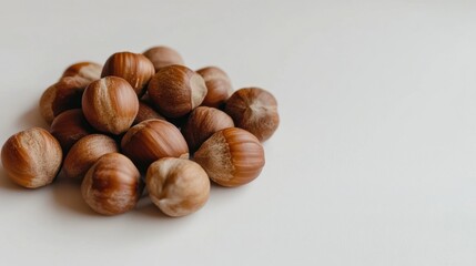 Obraz premium Earthy hazelnuts in tight grouping, natural brown hues on minimalist white surface