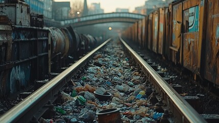 Naklejka premium Abandoned Railway Tracks Overrun with Trash and Waste Amidst Urban Decay, Illustrating Environmental Neglect and the Impact of Industrialization
