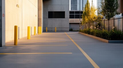 Empty urban parking lot, crisp lines and bright yellow stops, afternoon lighting