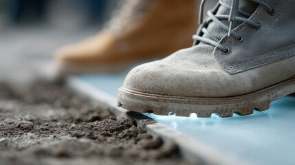 Naklejka premium Work Boots on Construction Site: Close-up view of a worn grey work boot standing on a newly laid slab, suggesting hard work and construction progress.