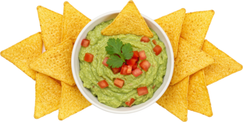 Guacamole in white bowl with tomato garnish and tortilla chips around