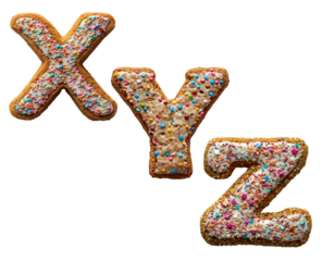 Text XYZ png cookie with cream and sprinkles art alphabet, transparent background