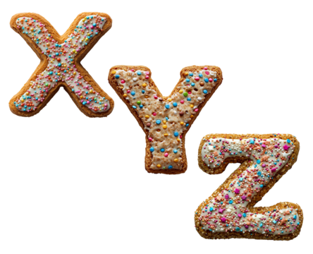 Text XYZ png cookie with cream and sprinkles art alphabet, transparent background