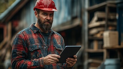 Lumberjack uses tablet, wood yard background