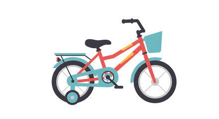 Fototapeta premium Colorful children's bicycle with a basket parked on a sunny street, surrounded by green trees and playful atmosphere