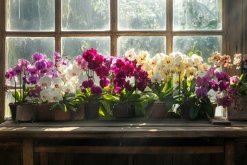Vibrant orchids of various colors in pots, basking in sunlight by a rustic window.