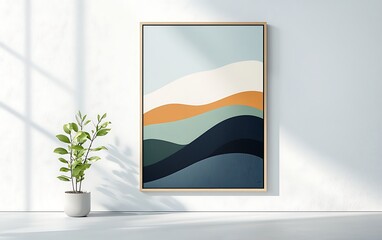 Framed abstract art with layered mountain design, small potted plant, & window shadows