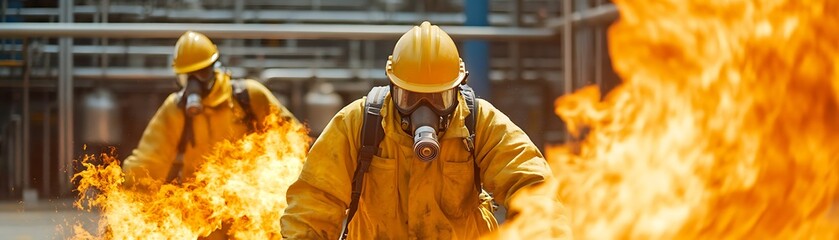 Firefighters in protective gear dealing with a blaze in a factory