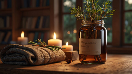 candle lit wooden table rustic decor rosemary cinnamon spice for home spa wellness relaxation peaceful atmosphere premium wallpaper for spa advertisement