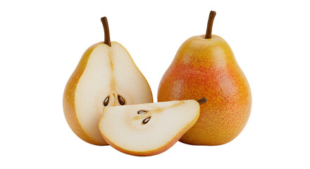 Fresh, ripe pears displayed with a sliced piece showcasing their juicy interior against a clean background