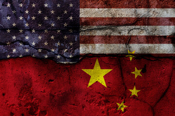 Crack of USA flag and China flag on the concrete wall. The concept of sanctions, trade war,...