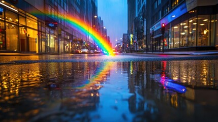 Obraz premium Urban Rainbow Reflection: A City Street Transformed by a Post-Rain Spectral Display