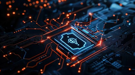 Abstract technological background with glowing circuitry and security icon.