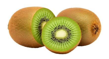 Fototapeta premium Freshly cut kiwi fruit showcasing vibrant green flesh and black seeds, arranged on a white background for culinary use