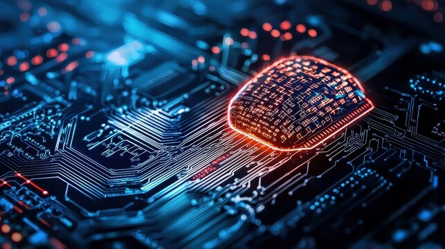 Close-up of a glowing microchip on an intricate circuit board design.