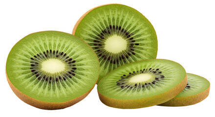 Fototapeta premium Freshly sliced kiwifruit showcasing vibrant green flesh and seeds on a clean background, ideal for healthy food imagery