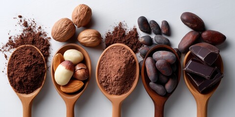 A collection of spoons filled with various types of nuts and chocolate. The spoons are arranged in a row, with each spoon containing a different type of nut or chocolate