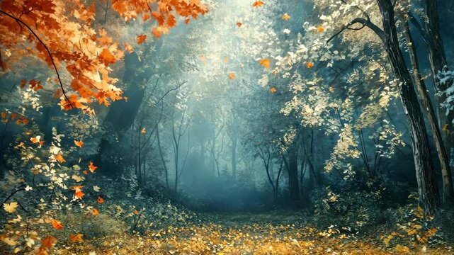 Forest path in autumn foliage, sunlight and mist. Nature scene. Serene landscape