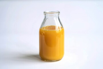 A photo of a glass bottle filled with bright yellow orange juice
