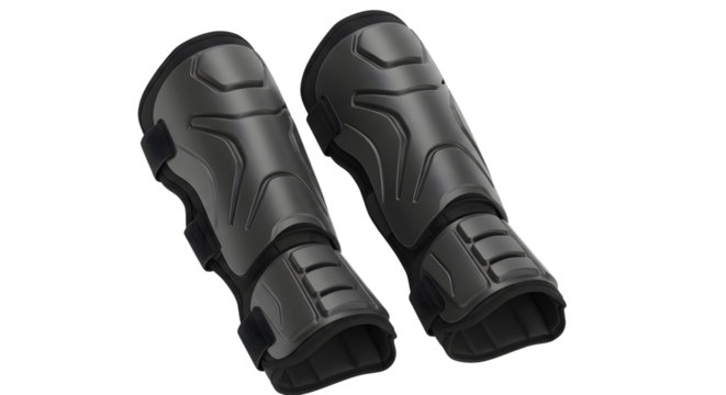 Pair of black protective shin guards displayed on a white background, ideal for sports gear or safety equipment promotions