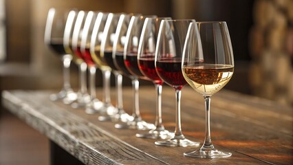 A lineup of wine glasses filled with red and white wine sits on a wooden table.