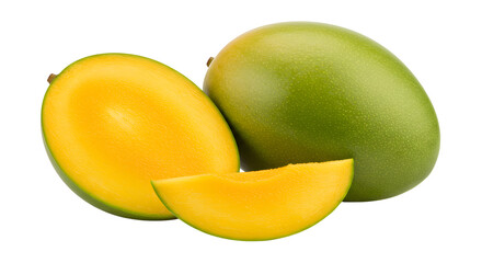 Fresh mangoes sliced to reveal vibrant yellow flesh, showcasing their juicy texture against a clean background