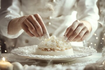 Fototapeta premium A pastry chef delicately dusts a white dessert with powdered sugar, creating a snowy, elegant confection.