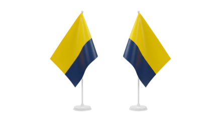 Two vibrant flags representing a nation, displayed on stands, with a clean background ideal for patriotic themes