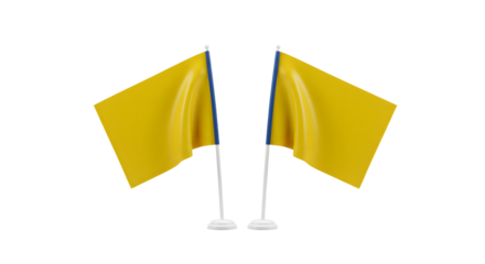 Two yellow flags on stands positioned symmetrically, set against a plain background, symbolizing caution or neutrality
