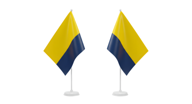 Two vibrant flags representing a nation, displayed on stands, with a clean background ideal for patriotic themes