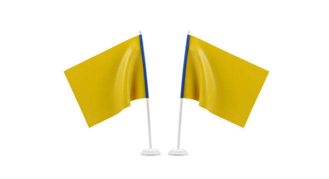 Two yellow flags on stands positioned symmetrically, set against a plain background, symbolizing caution or neutrality