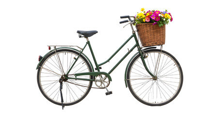 Fototapeta premium Vintage bicycle with a wicker basket filled with colorful flowers, set against a neutral background, ideal for spring themes