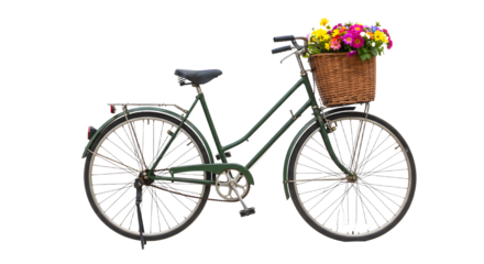 Vintage bicycle with a wicker basket filled with colorful flowers, set against a neutral background, ideal for spring themes