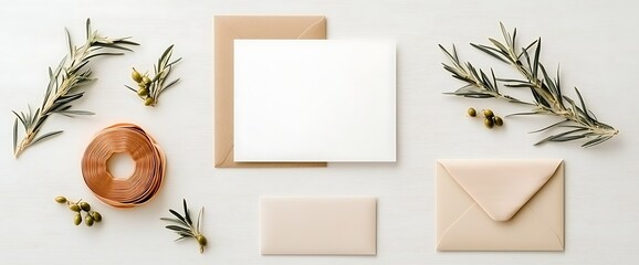 Wedding stationery flat lay with blank card, envelopes, ribbon, and greenery on white