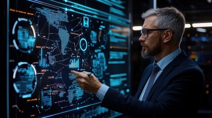 A middle-aged Caucasian man analyzes data on a futuristic screen, showcasing analytics.