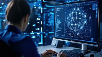 Female professional analyzing digital data on a high-tech computer in a neon-lit room.