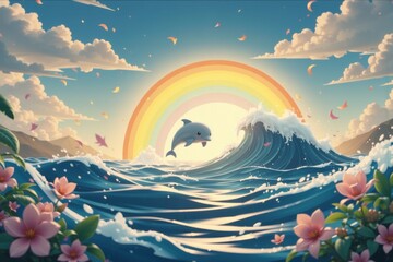 A vibrant scene featuring a dolphin leaping through waves beneath a rainbow, surrounded by lush flowers and a serene sky.