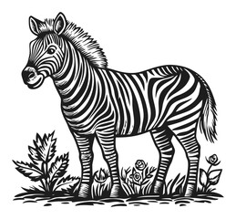 Detailed Engraving Illustration of a Zebra Surrounded by Flora