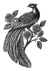 Fototapeta premium Elegant Engraved Illustration of a Peacock Surrounded by Roses