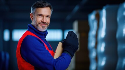 Warehouse worker wearing a uniform and using a handheld device to scan and manage inventory in a storage facility