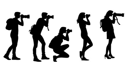 set of people taking pictures silhouette vector on white background