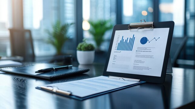 Business workspace with financial reports and data analytics on a clipboard.