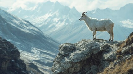Fototapeta premium Majestic white mountain goat stands on rocky peak overlooking snow-capped mountains.