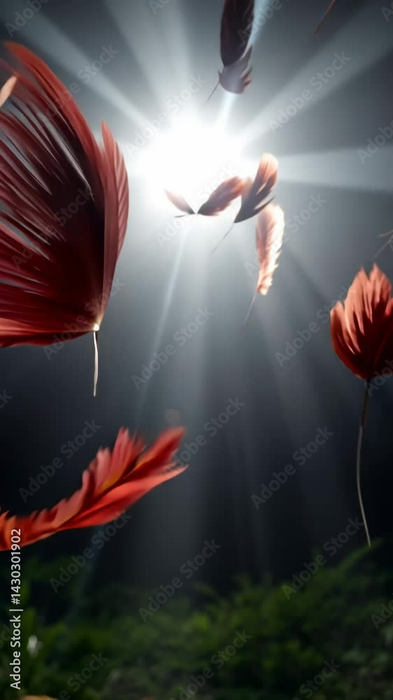 Poster A bunch of red feathers are flying in the air. They are all different sizes and shapes. The feathers are scattered all over the image