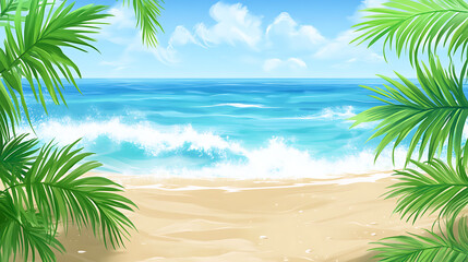 Fototapeta premium A beach scene with palm trees and ocean waves