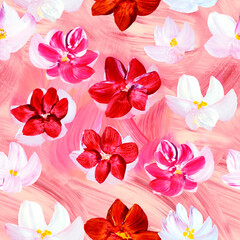 Seamless pattern of abstract pink, red and white flowers. Original hand drawn, impressionism style, art painting, creative hand painted background, brush texture, acrylic.