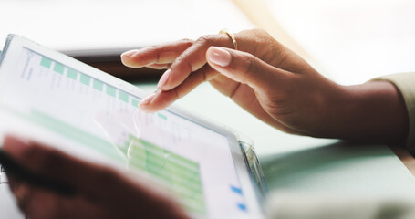 Statistics, screen and hands of woman on tablet with graph, online data and information. Business,...
